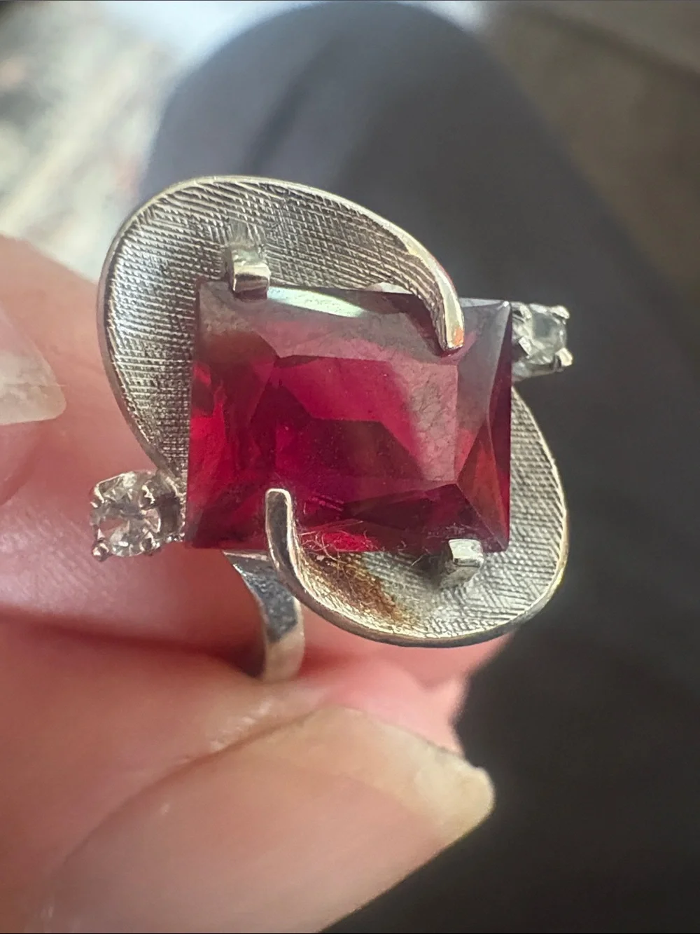 Vintage Signed A&Z 10K White Gold Lab Ruby Cocktail Swirl Ring